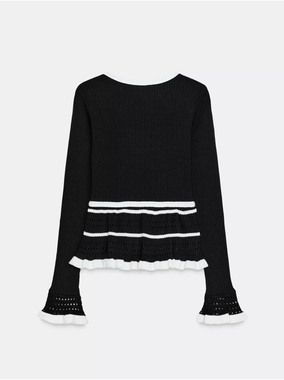 Zara Black Knit Peplum Sweater with White Ruffle Trim